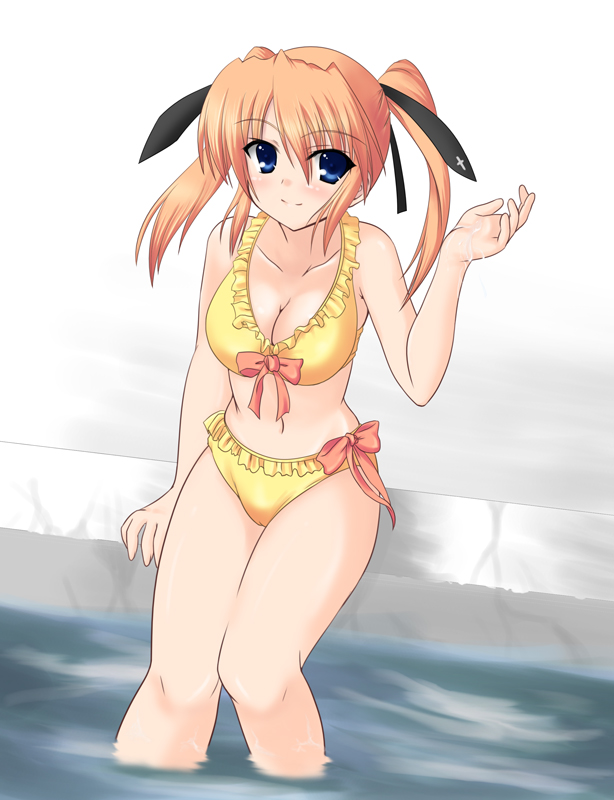 johnny (from scratch), teana lanster, lyrical nanoha, mahou shoujo lyrical nanoha, mahou shoujo lyrical nanoha strikers, 00s, 1girl, bikini, blue eyes, blush, bow, breasts, cleavage, cross, female focus, frilled bikini, frills, hair ribbon, latin cross, orange hair, pool, poolside, ribbon, sitting, smile, soaking feet, solo, swimsuit, twintails, water, wet