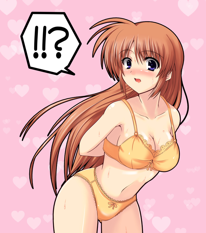 johnny (from scratch), takamachi nanoha, lyrical nanoha, mahou shoujo lyrical nanoha, mahou shoujo lyrical nanoha strikers, !?, 00s, 1girl, arms behind back, blue eyes, blush, bow, bow panties, bra, breasts, brown hair, cleavage, female focus, heart, lace, lace-trimmed panties, lace trim, leaning forward, lingerie, long hair, open mouth, orange bra, orange panties, panties, purple eyes, solo, surprised, sweat, underwear, underwear only, very long hair, yellow panties