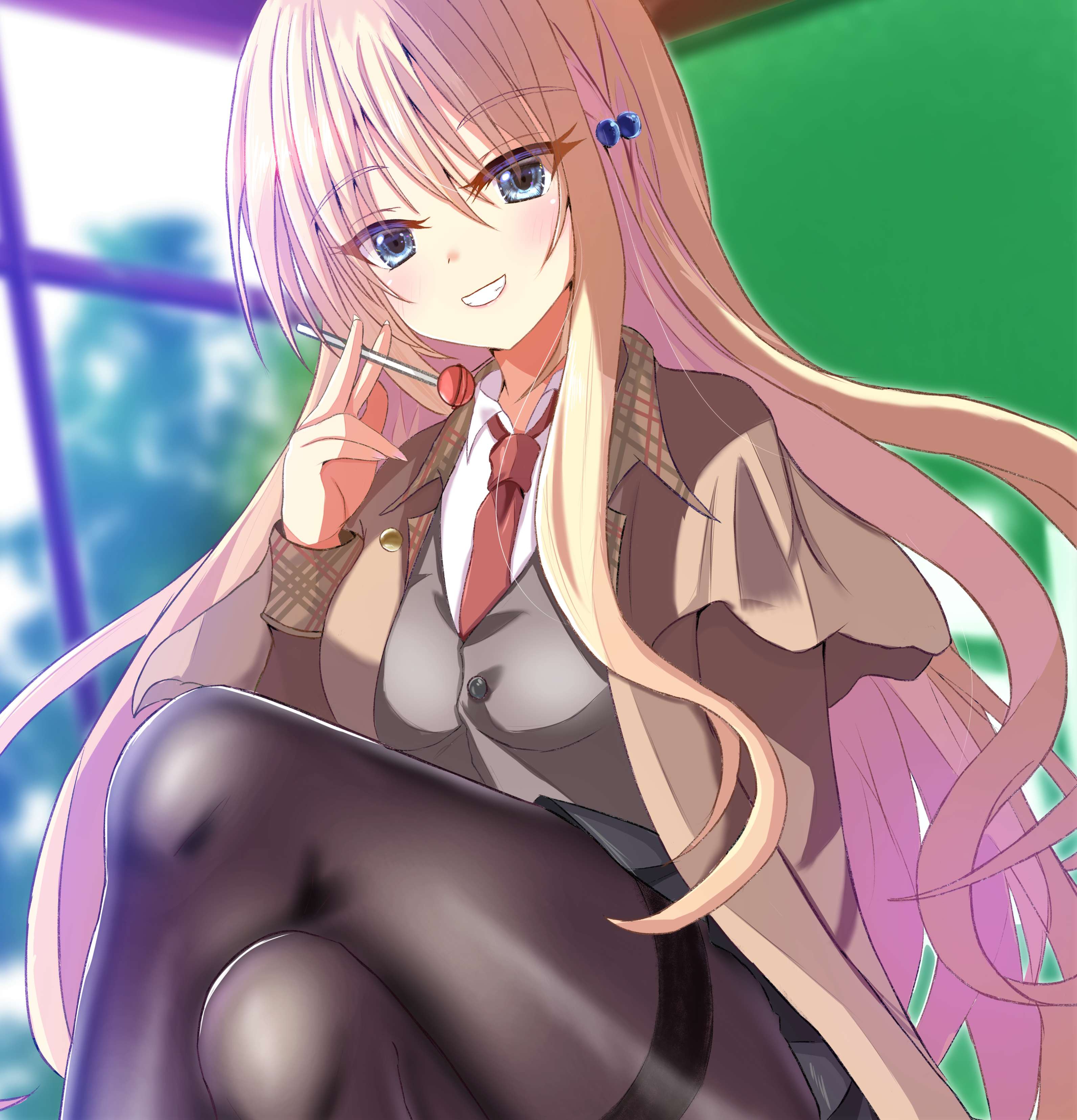 sakuratoru, sakura no kumo scarlet no koi, absurdres, commentary request, highres, 1girl, 2023, :d, black pantyhose, black skirt, blonde hair, blue eyes, blurry, blurry background, blush, brown jacket, buttons, candy, chief (sakura no kumo), collared shirt, crossed legs, dated commentary, day, eyelashes, feet out of frame, floating hair, food, grey vest, grin, hair bobbles, hair ornament, hand up, happy, holding, holding candy, holding food, holding lollipop, indoors, jacket, lollipop, long hair, long sleeves, looking at viewer, miniskirt, necktie, open clothes, open jacket, open mouth, pantyhose, pleated skirt, red necktie, shirt, sidelighting, sidelocks, sitting, skirt, smile, thighband pantyhose, thighs, tsurime, v, very long hair, vest, white shirt, window