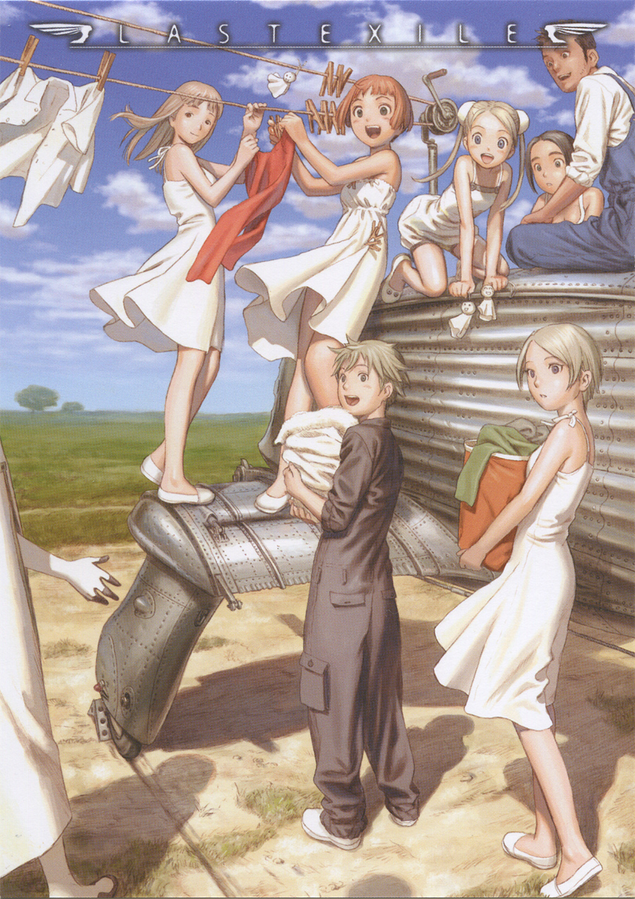 murata range, alister agrew, alvis hamilton, claus valca, dio eraclea, dunya scheer, lavie head, mullin shetland, tatiana wisla, last exile, highres, 00s, 3boys, 5girls, blonde hair, bob cut, empire waist, multiple boys, multiple girls, outdoors, sky, sun, van ship