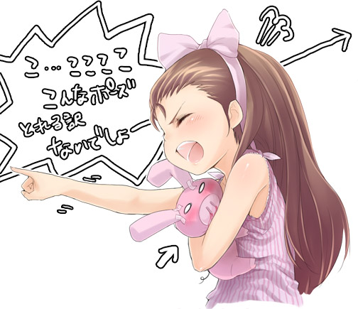 buriki, minase iori, idolmaster, idolmaster (classic), idolmaster 1, translated, 00s, 1girl, bare shoulders, bow, brown hair, doll, female focus, headband, long hair, pink bow, shirt, sleeveless, sleeveless shirt, solo