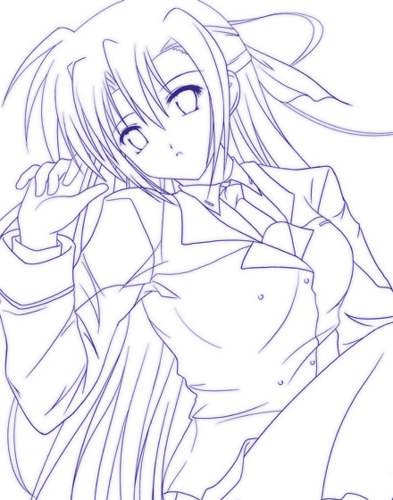 takase shin'ya, ginga nakajima, lyrical nanoha, mahou shoujo lyrical nanoha, mahou shoujo lyrical nanoha strikers, 00s, 1girl, bare legs, female focus, hair ribbon, long hair, looking at viewer, monochrome, pleated skirt, ribbon, simple background, skirt, solo, very long hair, white background