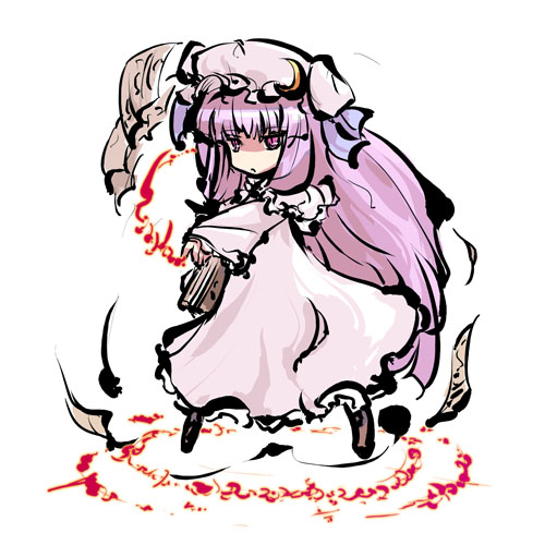tokiame, patchouli knowledge, touhou, lowres, 1girl, book, boots, brown boots, capelet, crescent, crescent hair ornament, dress, female focus, fire, full body, hair ornament, hat, long hair, long sleeves, magic, mob cap, purple eyes, purple hair, simple background, solo, standing, very long hair, white background