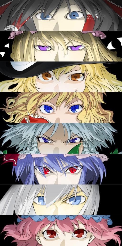 nishiki (soroneko), alice margatroid, hakurei reimu, izayoi sakuya, kirisame marisa, konpaku youmu, remilia scarlet, saigyouji yuyuko, yakumo yukari, atlus, imperishable night, persona, persona 3, touhou, 6+girls, blonde hair, column lineup, cut-in, female focus, lineup, multiple girls, parody, persona eyes