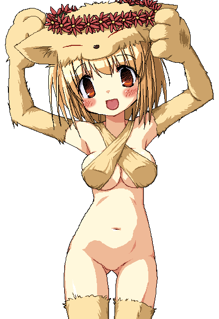 wazawogi (wzog), moonlight flower, ragnarok online, 1girl, animal ears, animal hands, armpits, arms up, female focus, navel, no panties, solo, thigh gap, thighs