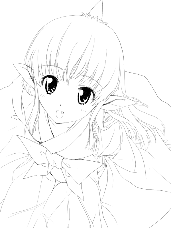 hima, yashahime (momotarou densetsu), momotarou densetsu, 1girl, demon girl, fang, female focus, greyscale, horns, japanese clothes, miko, monochrome, oni, pointy ears, single horn, solo