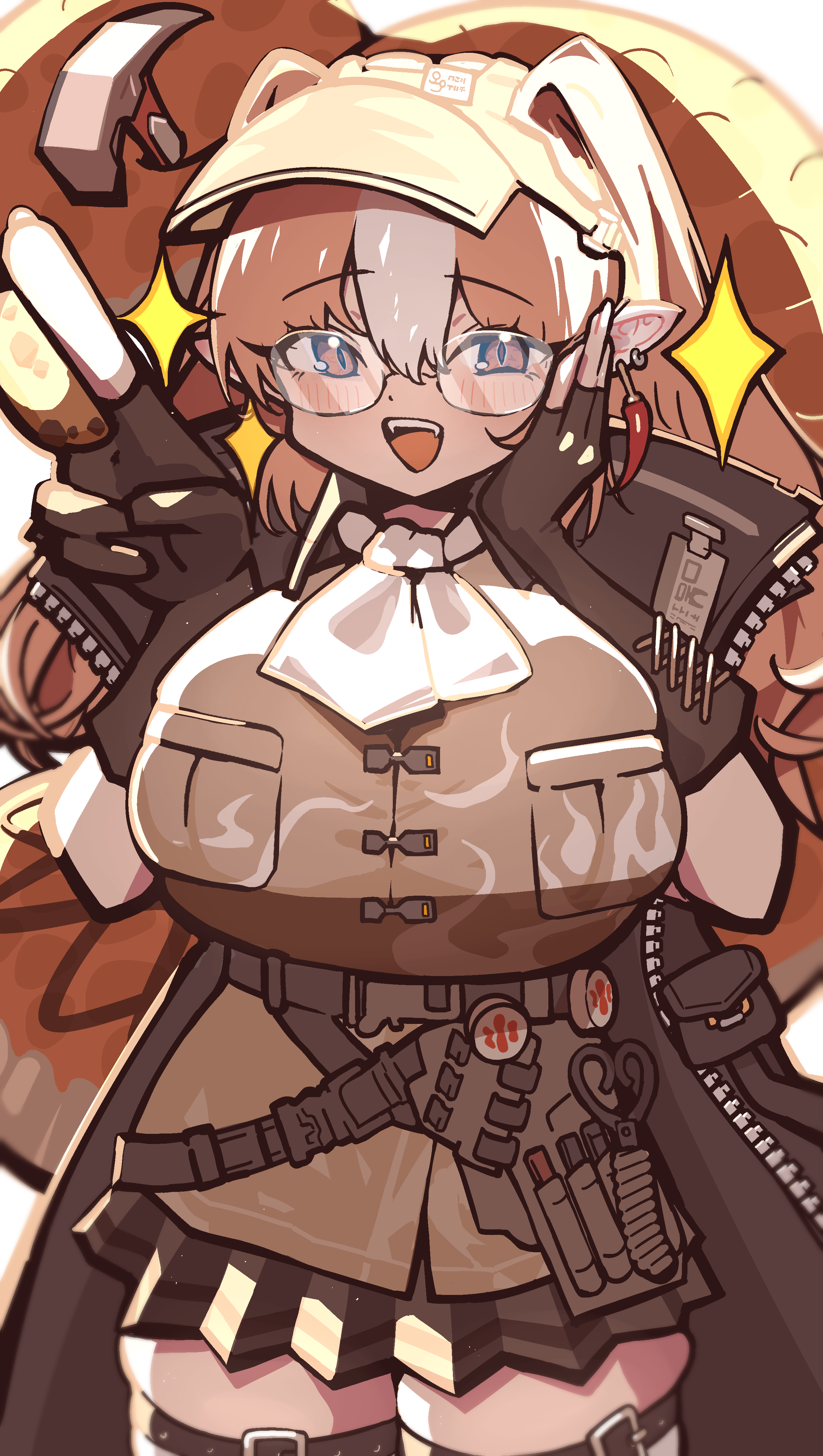 360 (taiyo360), wulfenite (arknights), arknights, absurdres, highres, 1girl, :d, adjusting eyewear, ascot, black gloves, black jacket, black skirt, blush, breast pocket, breasts, brown shirt, cowboy shot, earrings, elbow gloves, fangs, fingerless gloves, food-themed earrings, glasses, gloves, hammer, hands up, holding, holding with tail, huge breasts, jacket, jewelry, looking at viewer, miniskirt, open mouth, orange eyes, orange hair, pleated skirt, pocket, pointy ears, prehensile tail, shirt, skirt, smile, snake girl, snake tail, solo, sparkle, tail, teeth, thighhighs, thighs, twintails, upper teeth only, visor cap, white ascot, zettai ryouiki