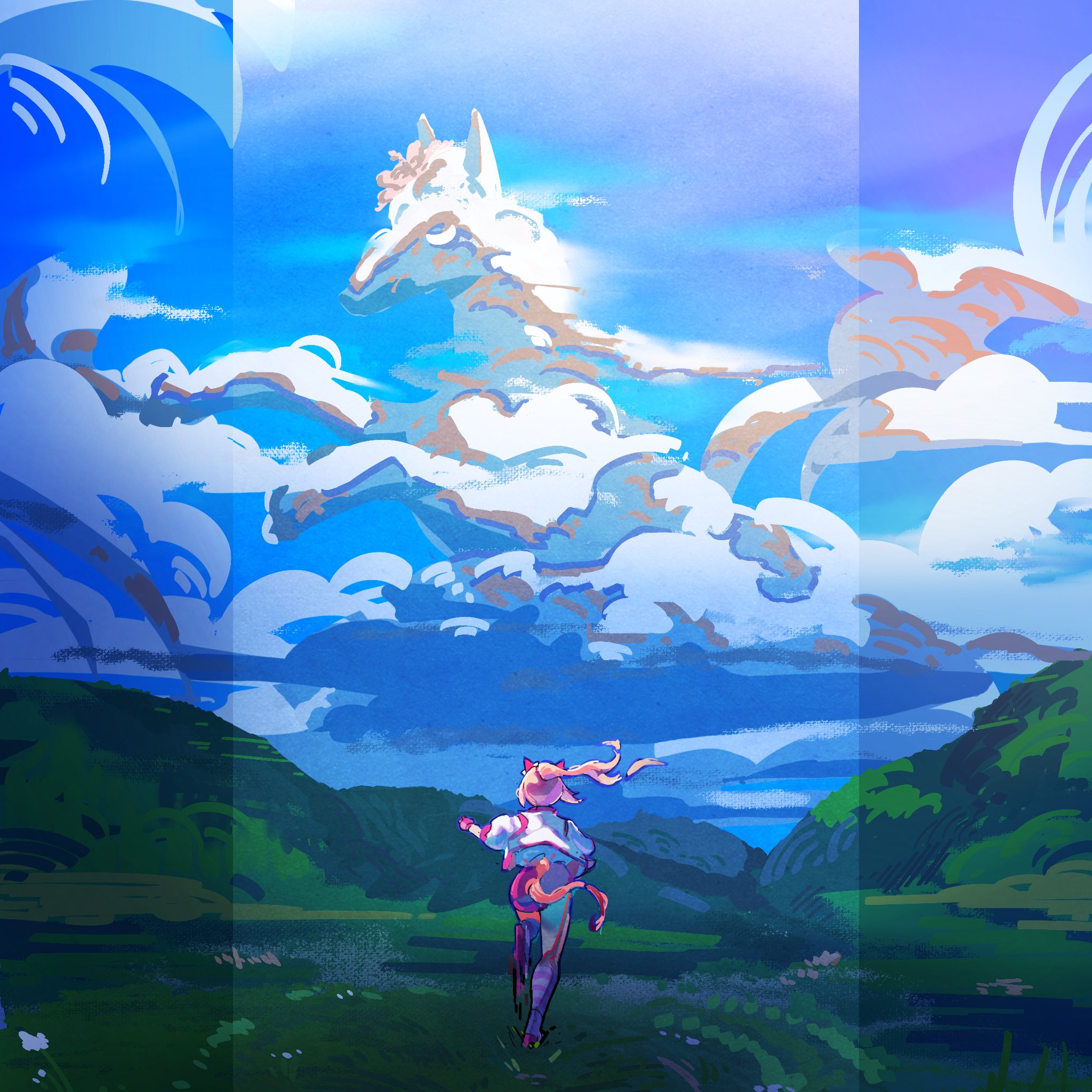 taiyo sketches, haru urara (racehorse), haru urara (umamusume), umamusume, highres, 1girl, animal ears, blue sky, bow, buruma, cloud, day, ear bow, facing away, flower, from behind, full body, gloves, haru urara (bestest prize) (umamusume), hill, horse, horse ears, jacket, long hair, long sleeves, outdoors, pink buruma, pink gloves, pink hair, pink shoes, pink socks, ponytail, running, shaped cloud, shirt, shoes, sky, socks, solo, striped clothes, striped socks, white bow, white flower, white jacket, white shirt, white socks, wide shot