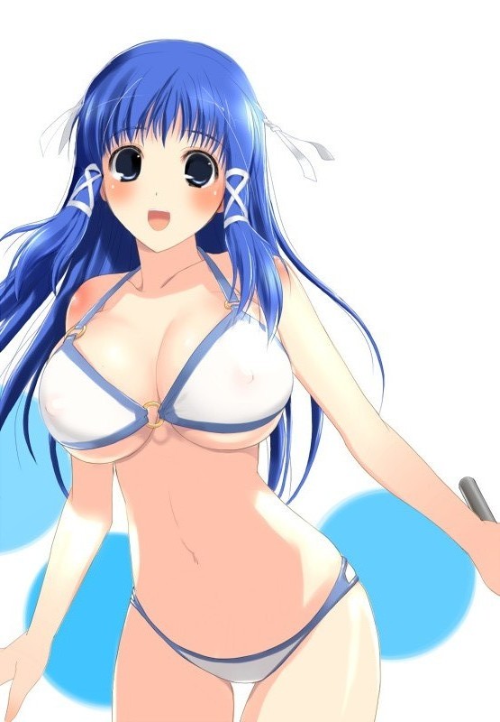 hima, arin (pangya), pangya, 1girl, bikini, blue eyes, blue hair, blush, breasts, cleavage, cowboy shot, female focus, hair ribbon, huge breasts, long hair, looking at viewer, matching hair/eyes, navel, o-ring, o-ring bikini, open mouth, ribbon, sidelocks, smile, solo, swimsuit, thigh gap, white background, white bikini