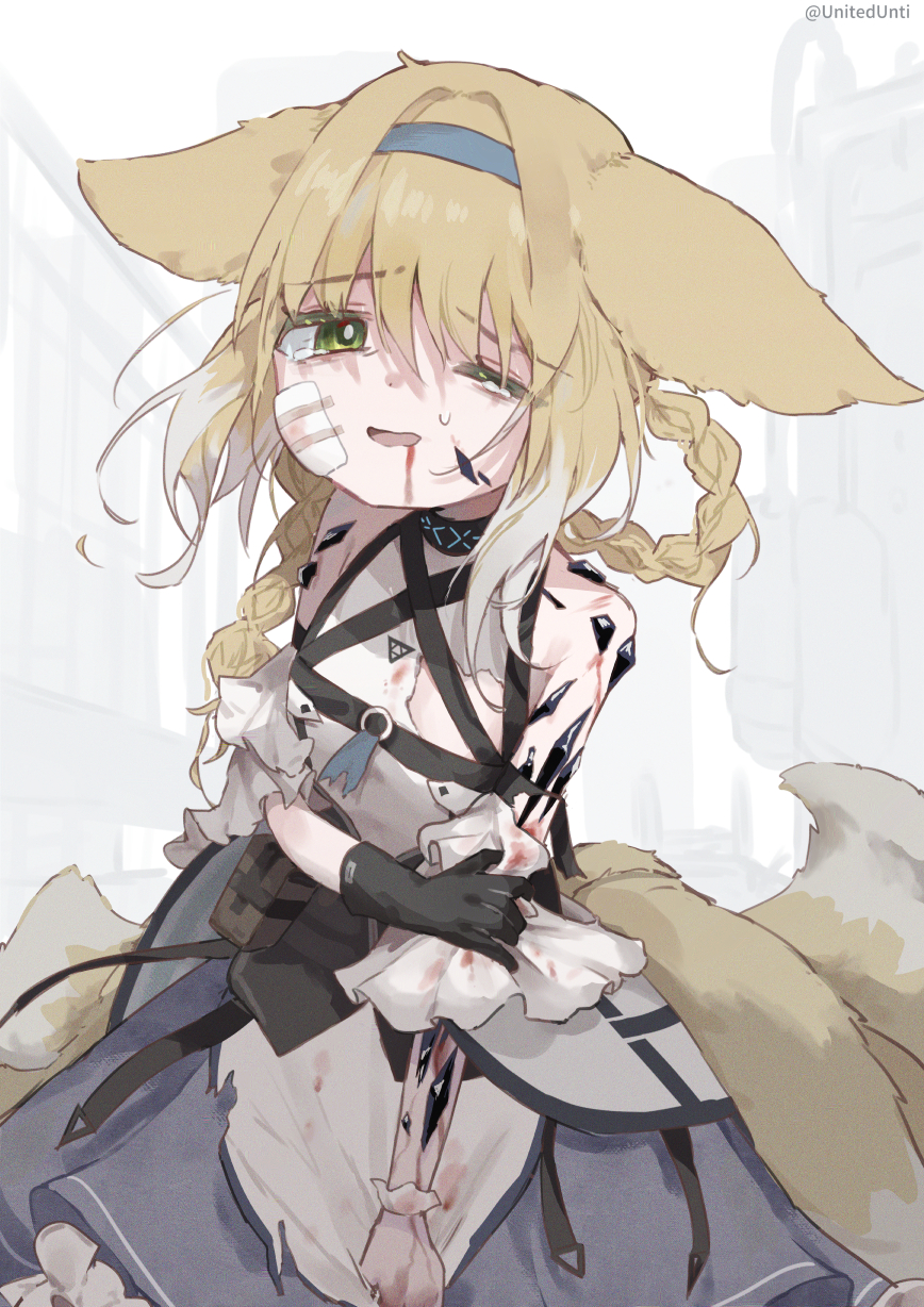 unitedunti, infection monitor (arknights), suzuran (arknights), arknights, check commentary, commentary request, highres, 1girl, :d, animal ears, bare shoulders, black gloves, blonde hair, blood, blood from mouth, blood on arm, blue hairband, blue skirt, braid, braided hair rings, breasts, bright pupils, collar, cowboy shot, false smile, fox ears, fox girl, fox tail, gauze, gauze on cheek, gloves, green eyes, hair rings, hairband, injury, kitsune, kyuubi, looking at viewer, material growth, multiple tails, one eye closed, open mouth, oripathy lesion (arknights), petticoat, shirt, short hair, single glove, skirt, small breasts, smile, solo, sweatdrop, tail, tearing up, torn clothes, torn shirt, twin braids, white pupils, white shirt