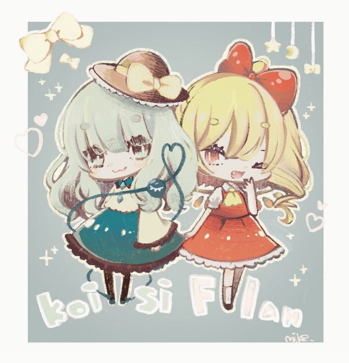 mike (mikeneko), flandre scarlet, komeiji koishi, touhou, commentary request, highres, 2girls, :3, ;d, ascot, black hat, black pantyhose, black shoes, blonde hair, blouse, bow, buttons, character name, chibi, chibi only, diamond button, eyeball, fang, frilled sleeves, frills, full body, green eyes, green hair, green skirt, hair bow, hand on own face, hat, hat bow, hat ribbon, heart, heart of string, multiple girls, one eye closed, open mouth, pantyhose, puffy short sleeves, puffy sleeves, red eyes, red skirt, red vest, ribbon, shirt, shoes, short sleeves, skirt, skirt set, smile, third eye, vest, white hat, wide sleeves, wings, yellow ascot, yellow bow, yellow ribbon, yellow shirt