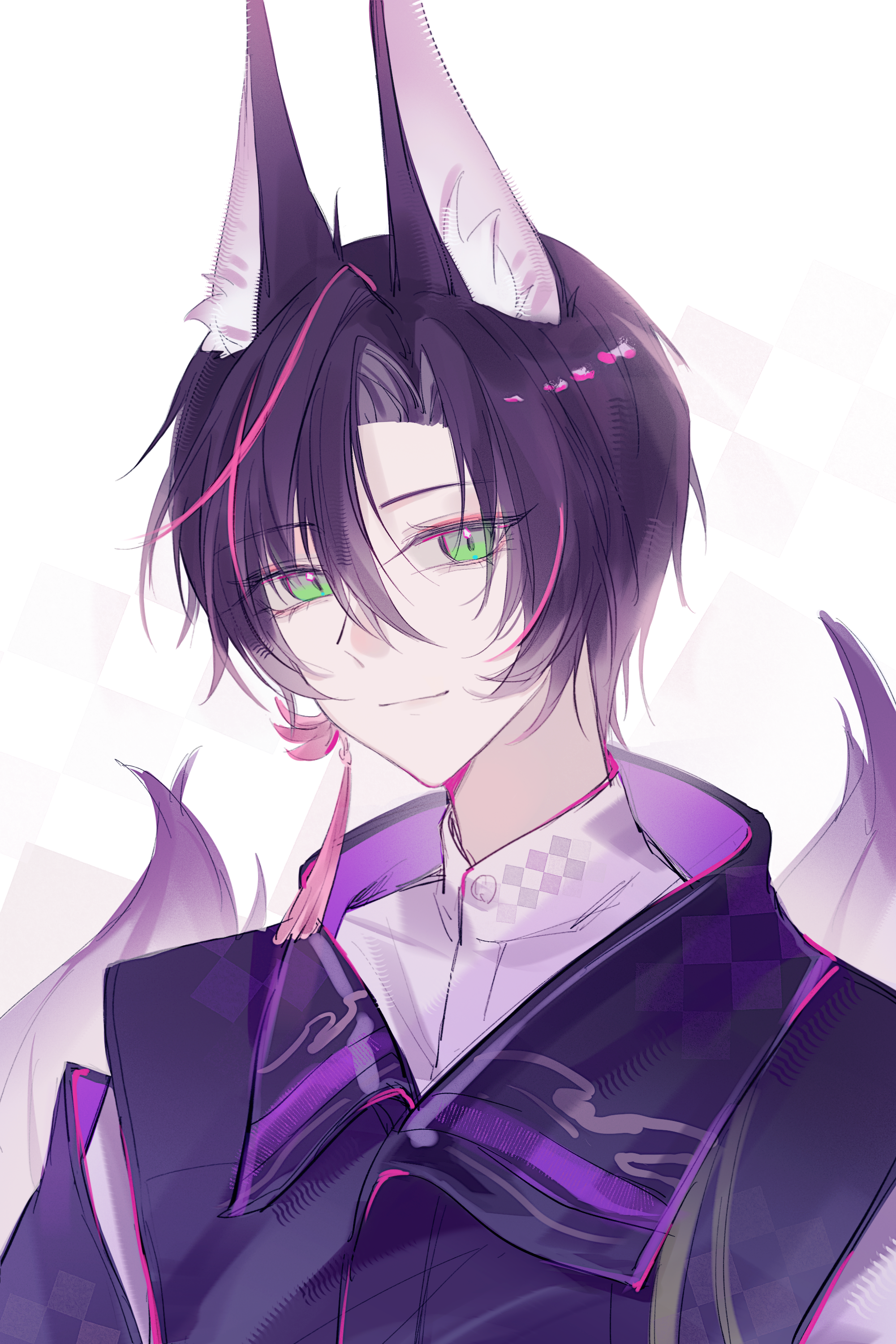 suzuran's father (arknights), arknights, absurdres, chinese commentary, commentary request, highres, 1boy, animal ear fluff, animal ears, black hair, black jacket, chen tian bushi tian, closed mouth, earrings, green eyes, hair between eyes, hair intakes, jacket, jewelry, looking at viewer, male focus, multicolored hair, multiple tails, pink hair, portrait, purple tail, shirt, short hair, simple background, single earring, smile, solo, streaked hair, tail, white background, white shirt
