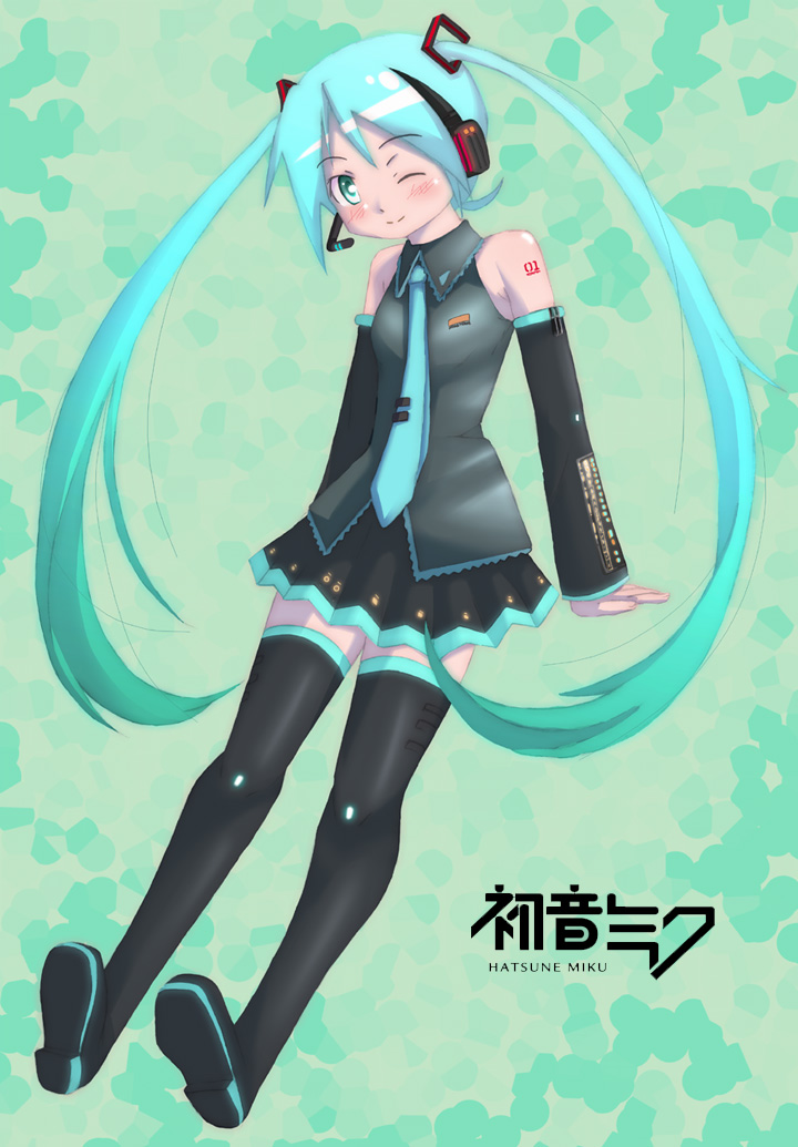 nyazui, hatsune miku, vocaloid, 1girl, aqua hair, aqua necktie, arms at sides, black thighhighs, blouse, boots, collared shirt, female focus, frilled shirt, frills, green background, grey shirt, headphones, long hair, necktie, shirt, sleeveless, sleeveless shirt, solo, tattoo, thigh boots, thighhighs, twintails, very long hair, zettai ryouiki