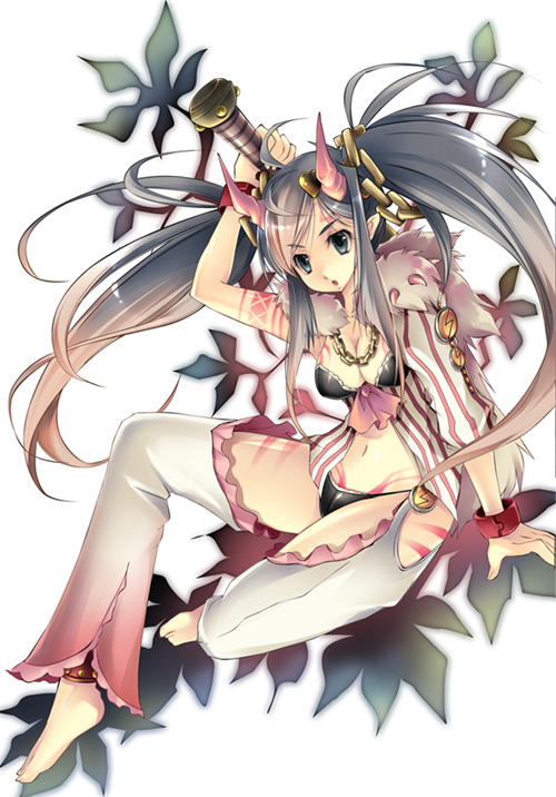 ta kaana, gonta, original, fur, striped, artbook, 1girl, ahoge, ankle cuffs, anklet, bangle, barefoot, bikini, black bikini, blue eyes, bow, bracelet, breasts, chain, chaps, cleavage, feet, female focus, grey eyes, grey hair, horns, jewelry, leaf, long hair, monster girl, navel, necklace, open mouth, pants, ribbon, simple background, sitting, solo, swimsuit, tattoo, very long hair, weapon
