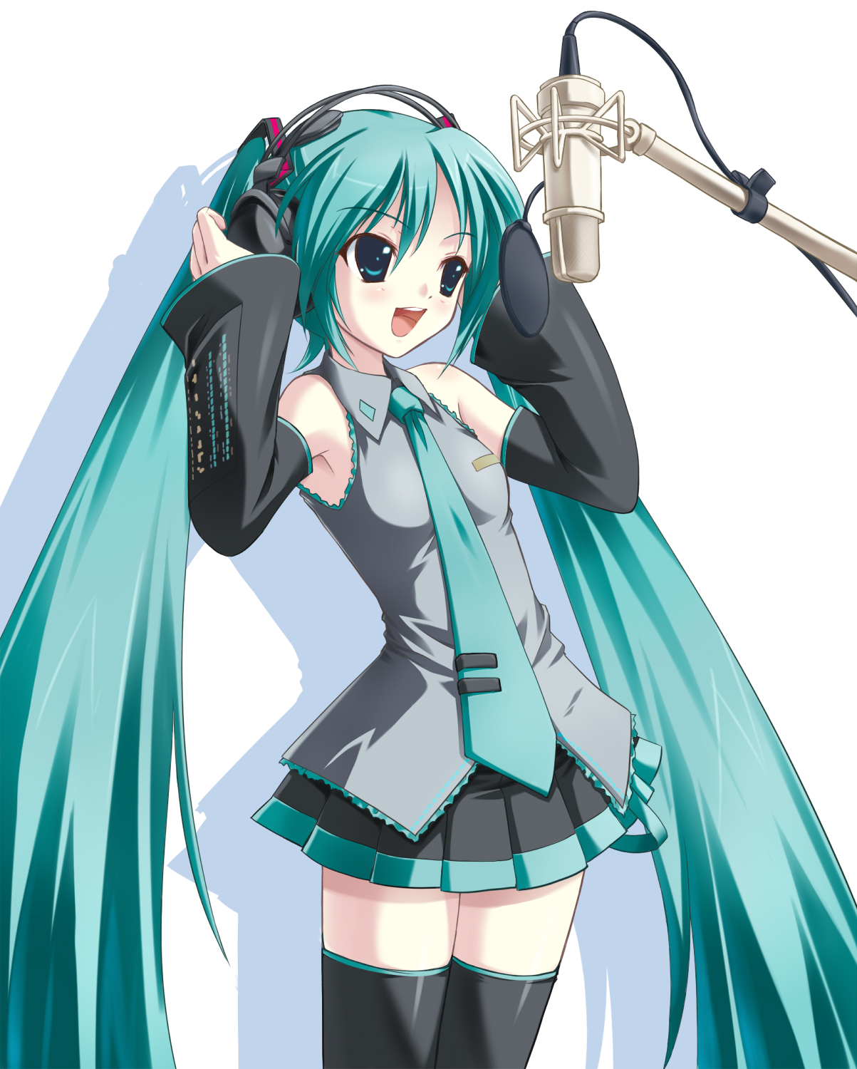 amino, amino kohaku, hatsune miku, vocaloid, highres, 1girl, aqua hair, aqua necktie, armpits, black thighhighs, blouse, collared shirt, cowboy shot, female focus, frilled shirt, frills, grey shirt, hands on headphones, headphones, long hair, microphone stand, necktie, shirt, simple background, sleeveless, sleeveless shirt, solo, thighhighs, twintails, very long hair
