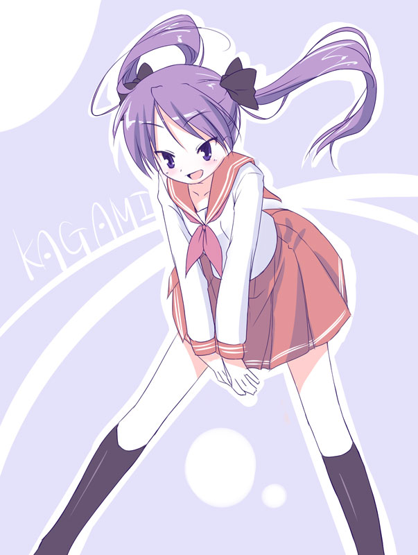 senji (tegone spike), hiiragi kagami, lucky star, 00s, 1girl, black socks, blue eyes, collarbone, female focus, hair ribbon, kneehighs, long hair, long legs, open mouth, pleated skirt, purple eyes, purple hair, ribbon, school uniform, serafuku, skirt, smile, socks, solo, tsurime, twintails