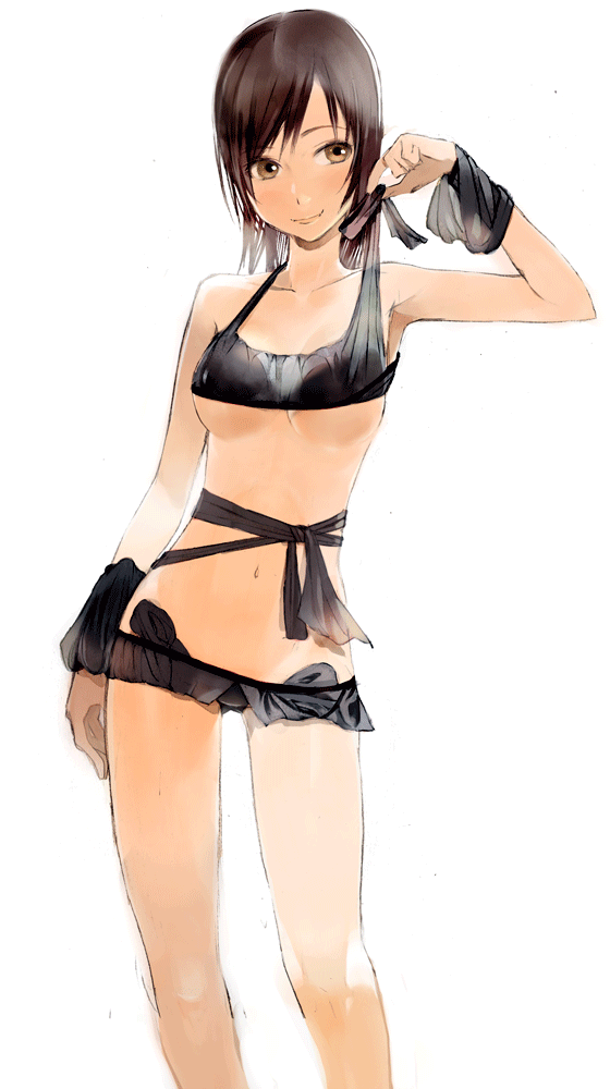 okama, original, 1girl, armpits, bikini, breasts, brown eyes, brown hair, female focus, lingerie, solo, swimsuit, underboob, underwear