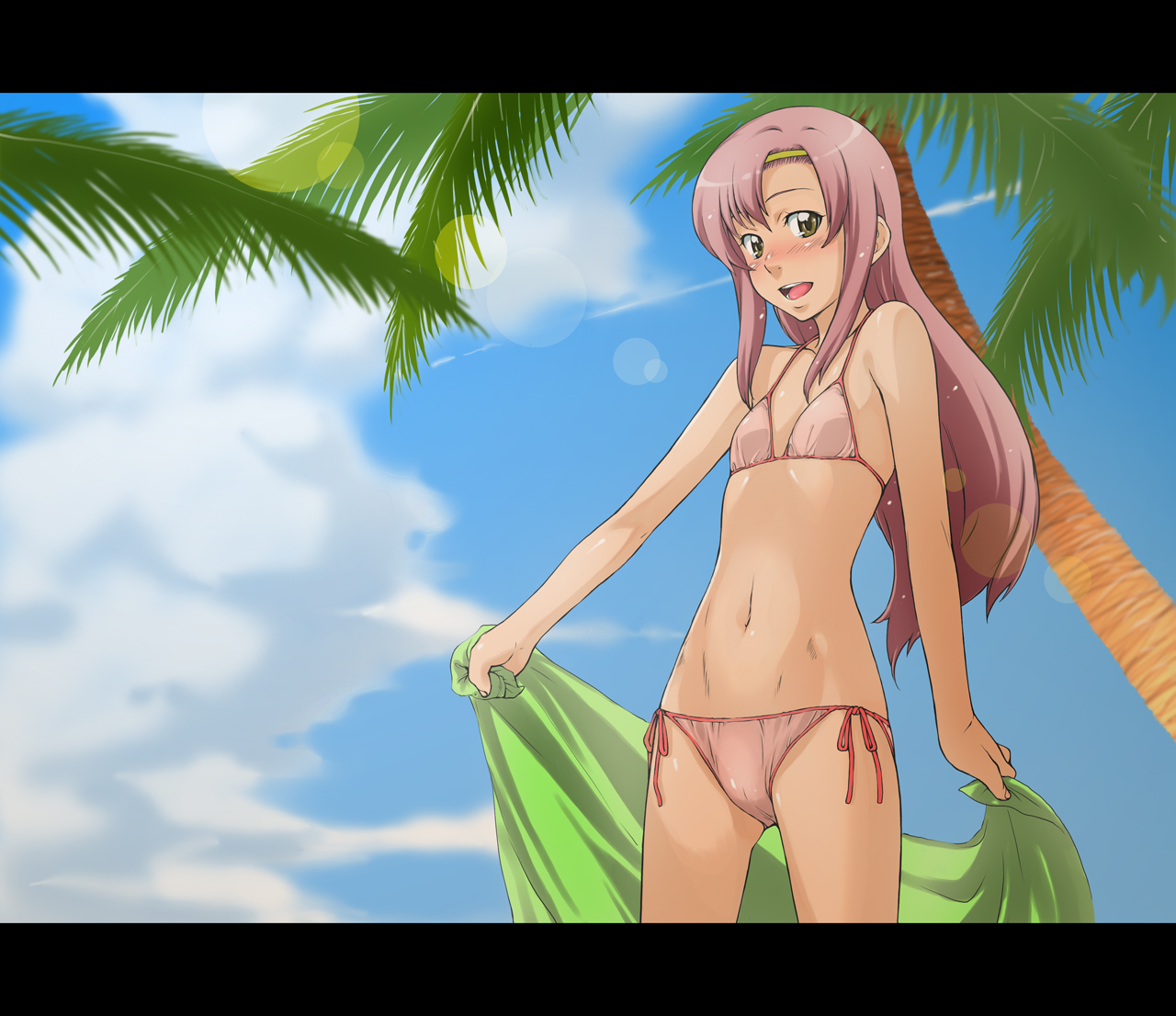 sakura kotetsu, katsura hinagiku, hayate no gotoku!, 00s, 1girl, bikini, blush, cameltoe, cloud, day, female focus, flat chest, hairband, lens flare, letterboxed, long hair, palm tree, pink bikini, pink hair, side-tie bikini bottom, sky, solo, swimsuit, tree, yellow eyes