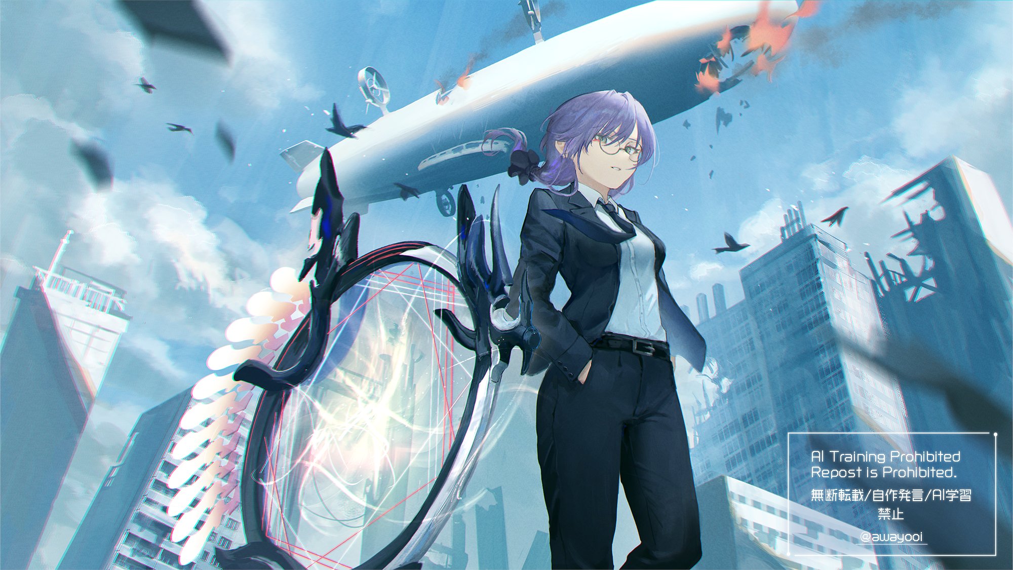 awayoi ayame, izumi yuki (heaven burns red), heaven burns red, highres, 1girl, aircraft, belt, dirigible, formal clothes, glasses, green eyes, hand in pocket, long hair, necktie, suit