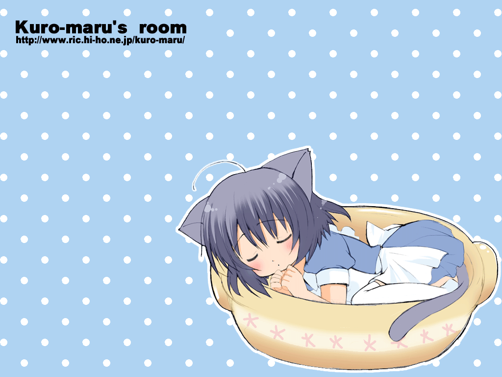 kuro (nyago kuromaru), ahoge, animal ears, cat ears, cat tail, maid, sleeping, solo, tail