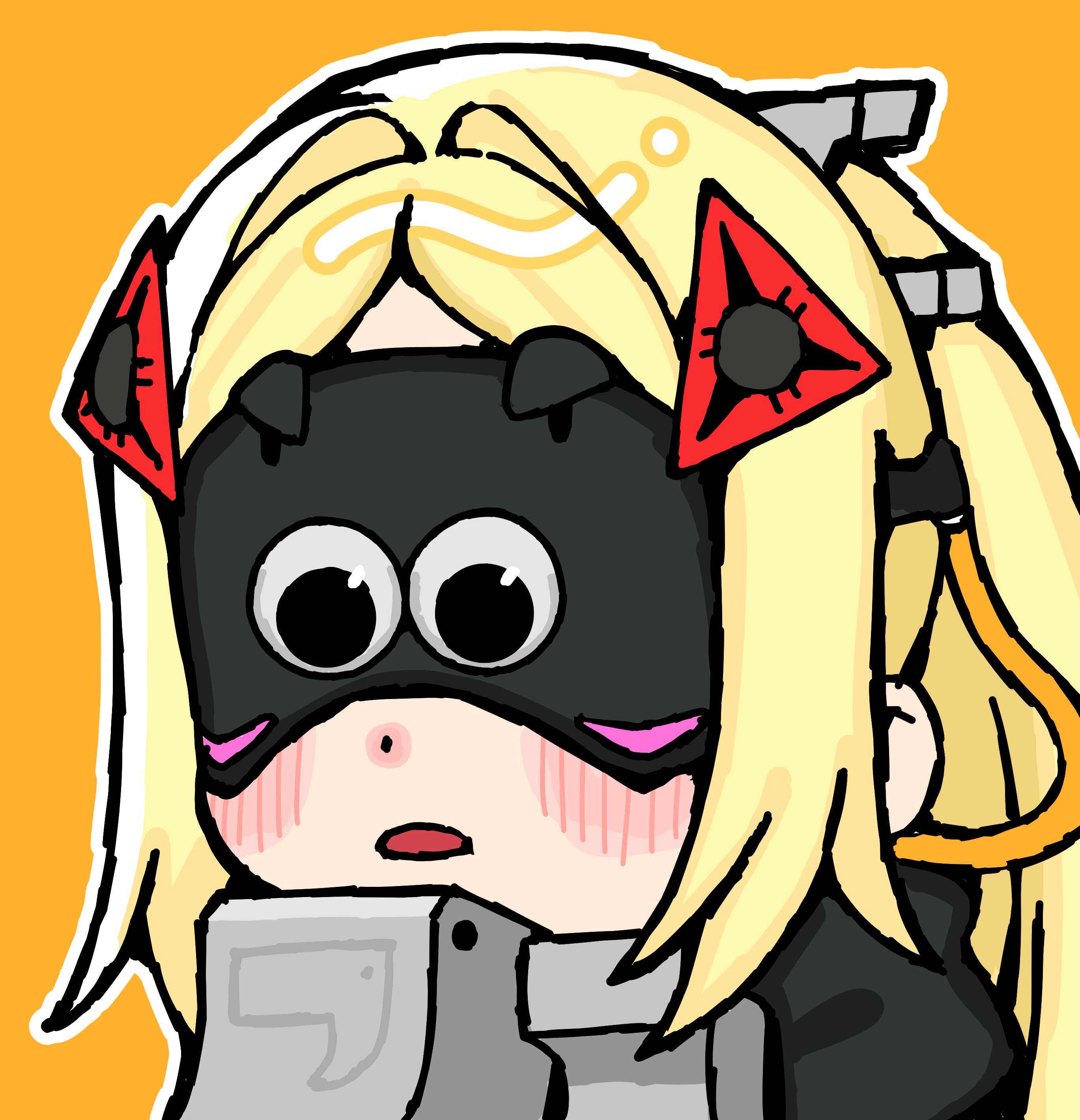 andii (anzai teachco), trigger (zenless zone zero), zenless zone zero, absurdres, commentary request, highres, 1girl, black mask, blonde hair, blush, chibi, eye mask, googly eyes, hair ornament, long hair, mask, open mouth, orange background, outline, ponytail, sidelocks, simple background, solo, upper body, white outline