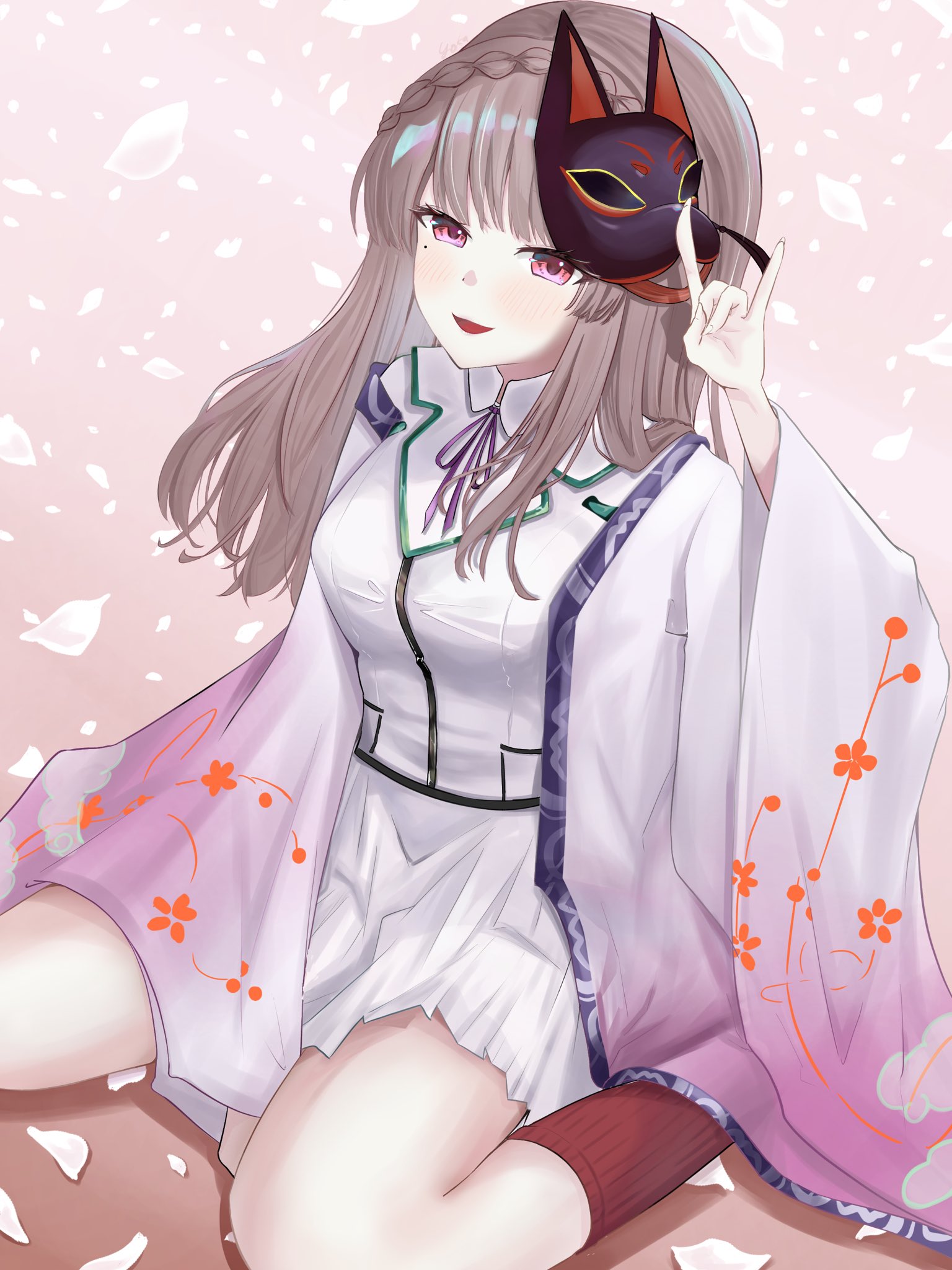 kiryuu miya, heaven burns red, highres, 1girl, braid, brown hair, fox mask, fox shadow puppet, japanese clothes, kimono, long hair, mask, open mouth, school uniform, skirt, yo ka 2003, yukata