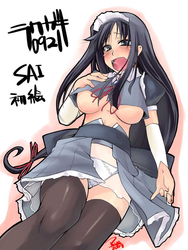 ryo (liver sashi daisuki!), original, 1girl, black hair, breasts, female focus, large breasts, maid, open mouth, panties, pantyshot, solo, thighhighs, underboob, underwear