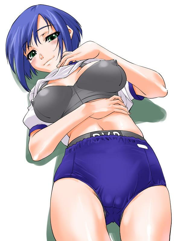 shinama, kashiwagi haruko, muv-luv, blue hair, blush, bra, breasts, buruma, cameltoe, clothes lift, gym uniform, huge breasts, lingerie, shirt lift, solo, underwear