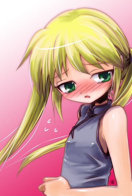 nayumi, sanzen'in nagi, hayate no gotoku!, 00s, 1girl, blonde hair, blush, china dress, chinese clothes, dress, female focus, flying sweatdrops, from side, green eyes, pink background, sleeveless, solo, twintails, upper body