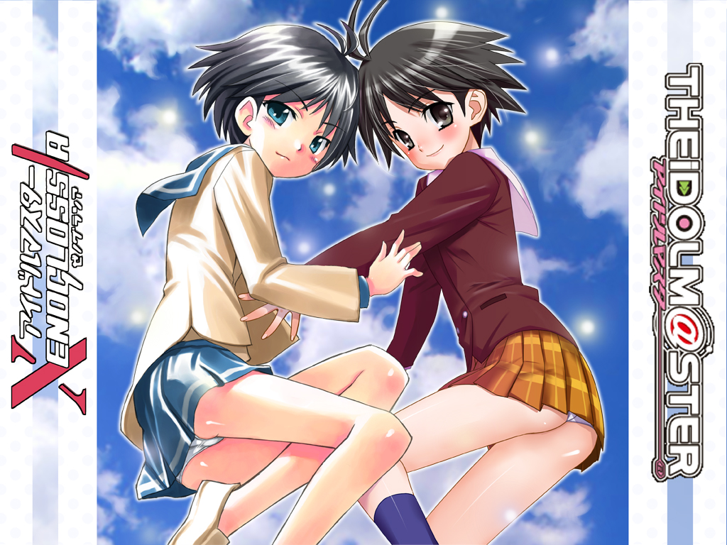 akito (ao's club), akito (artist), kikuchi makoto, idolmaster, idolmaster (classic), idolmaster 1, 00s, 2girls, ass, black hair, blue eyes, blue skirt, blue sky, blush, copyright name, day, dual persona, from above, looking at viewer, multiple girls, no panties, orange skirt, pleated skirt, school uniform, serafuku, short hair, skirt, sky, smile, text focus, upskirt