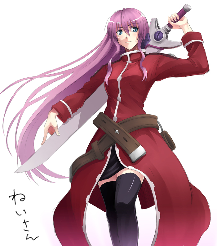 nakayama yukiji, laevatein (nanoha), signum, lyrical nanoha, mahou shoujo lyrical nanoha, mahou shoujo lyrical nanoha strikers, 00s, 1girl, female focus, purple hair, solo, sword, thighhighs, weapon, zettai ryouiki