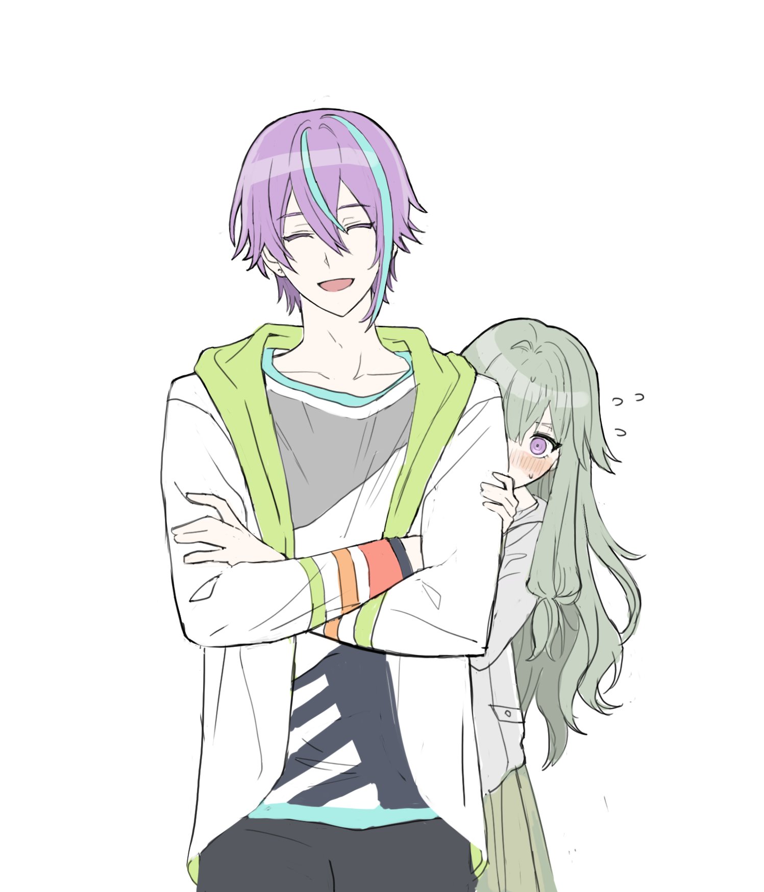 www 2duck2, kamishiro rui, kusanagi nene, project sekai, commentary request, highres, korean commentary, 1boy, 1girl, asymmetrical sidelocks, blue hair, blush, crossed arms, double-parted bangs, facing viewer, green hair, hiding, hiding behind another, jacket, long hair, long sleeves, looking at viewer, multicolored hair, open clothes, open jacket, open mouth, purple eyes, purple hair, short hair, sidelocks, simple background, streaked hair, two-tone hair, white background