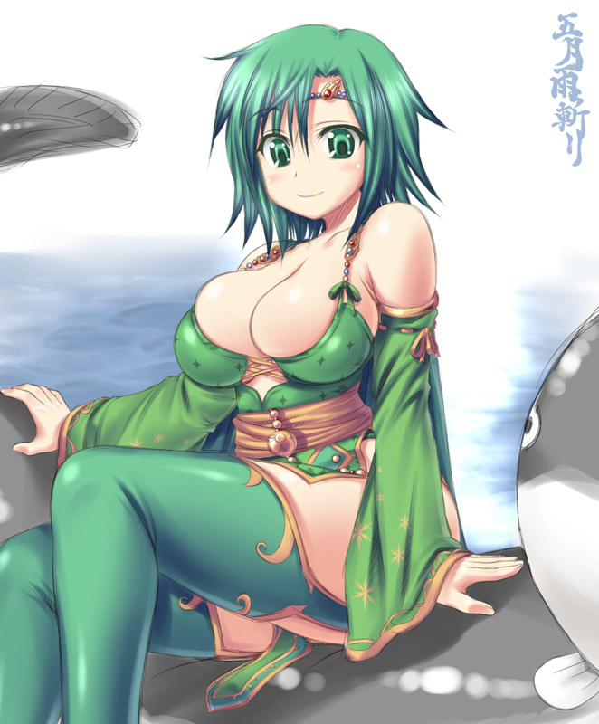 morimoto kiyona, rydia (adult) (ff4), rydia (ff4), final fantasy, final fantasy iv, 1990s (style), 1girl, boots, breasts, bursting breasts, cleavage, detached sleeves, female focus, green eyes, green hair, huge breasts, jewelry, legs, matching hair/eyes, retro artstyle, smile, solo, thigh boots, thighhighs, thighs, water