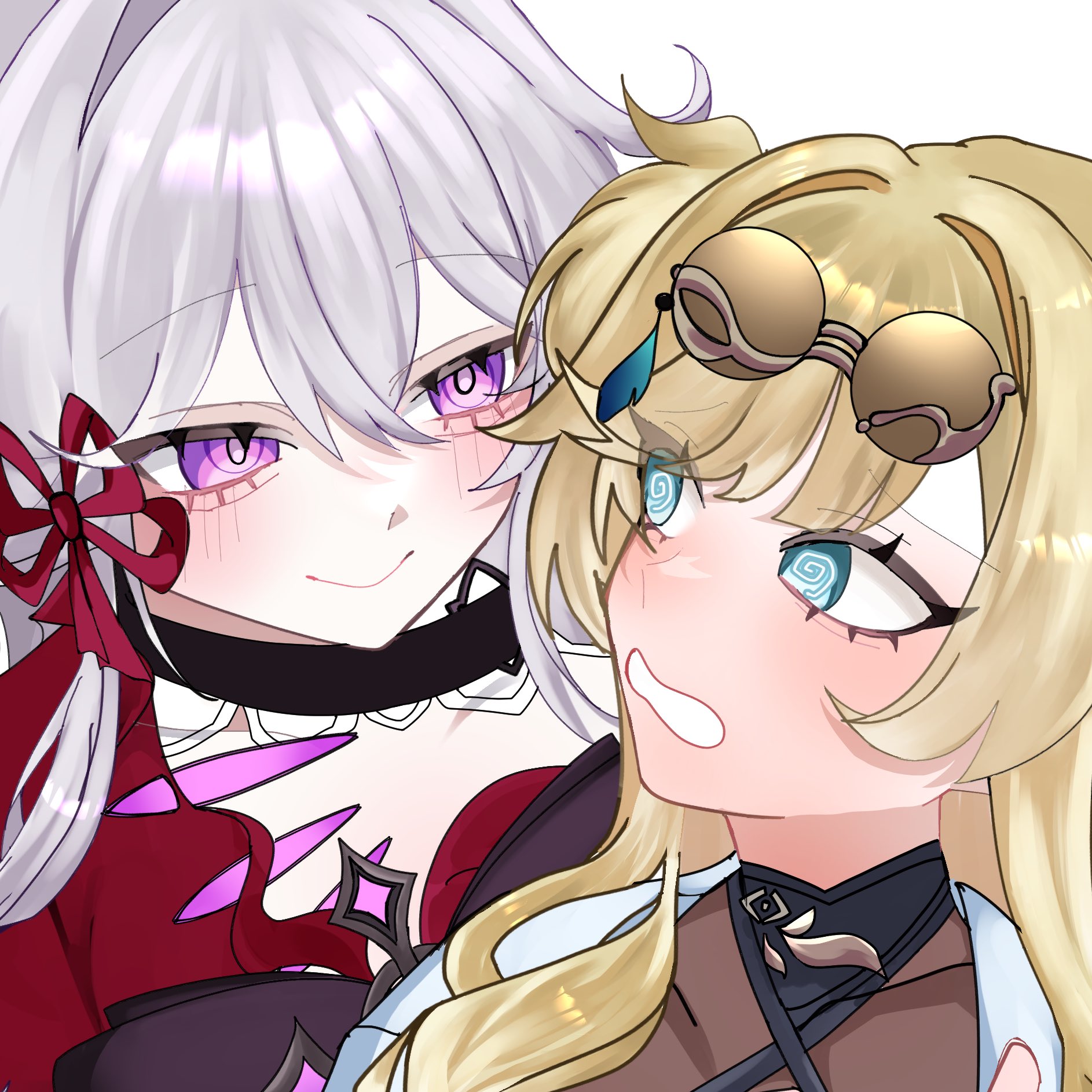 fuka ( ilouxs2), songque, songque (astralop), thelema nutriscu, thelema nutriscu (mad pleasure: shadowbringer), honkai (series), honkai impact 3rd, highres, 2girls, @ @, blonde hair, blush, glasses, green eyes, multiple girls, purple eyes, white background, white hair