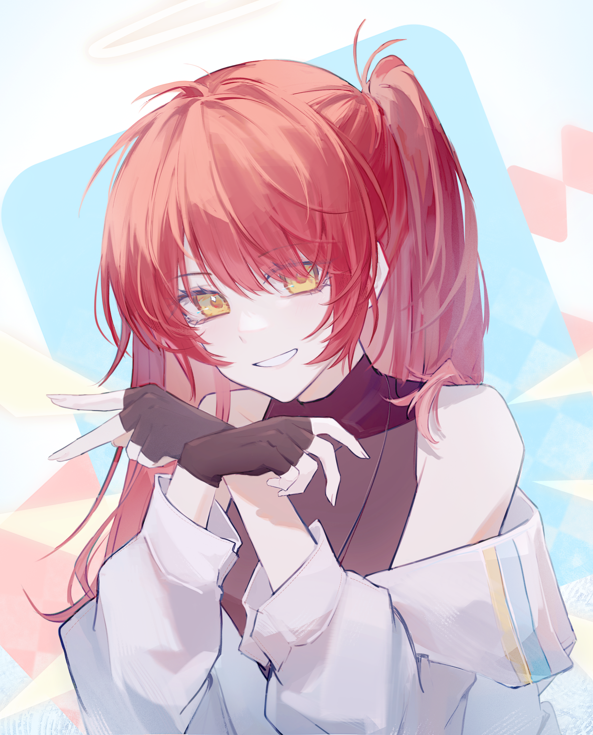 exusiai (arknights), arknights, absurdres, chinese commentary, commentary request, highres, 1girl, :d, bare shoulders, brown gloves, brown shirt, chen tian bushi tian, fingerless gloves, gloves, grin, halo, jacket, long hair, long sleeves, looking at viewer, off shoulder, open mouth, red hair, shirt, sleeveless, sleeveless shirt, smile, solo, traditional halo, upper body, white halo, white jacket, yellow eyes