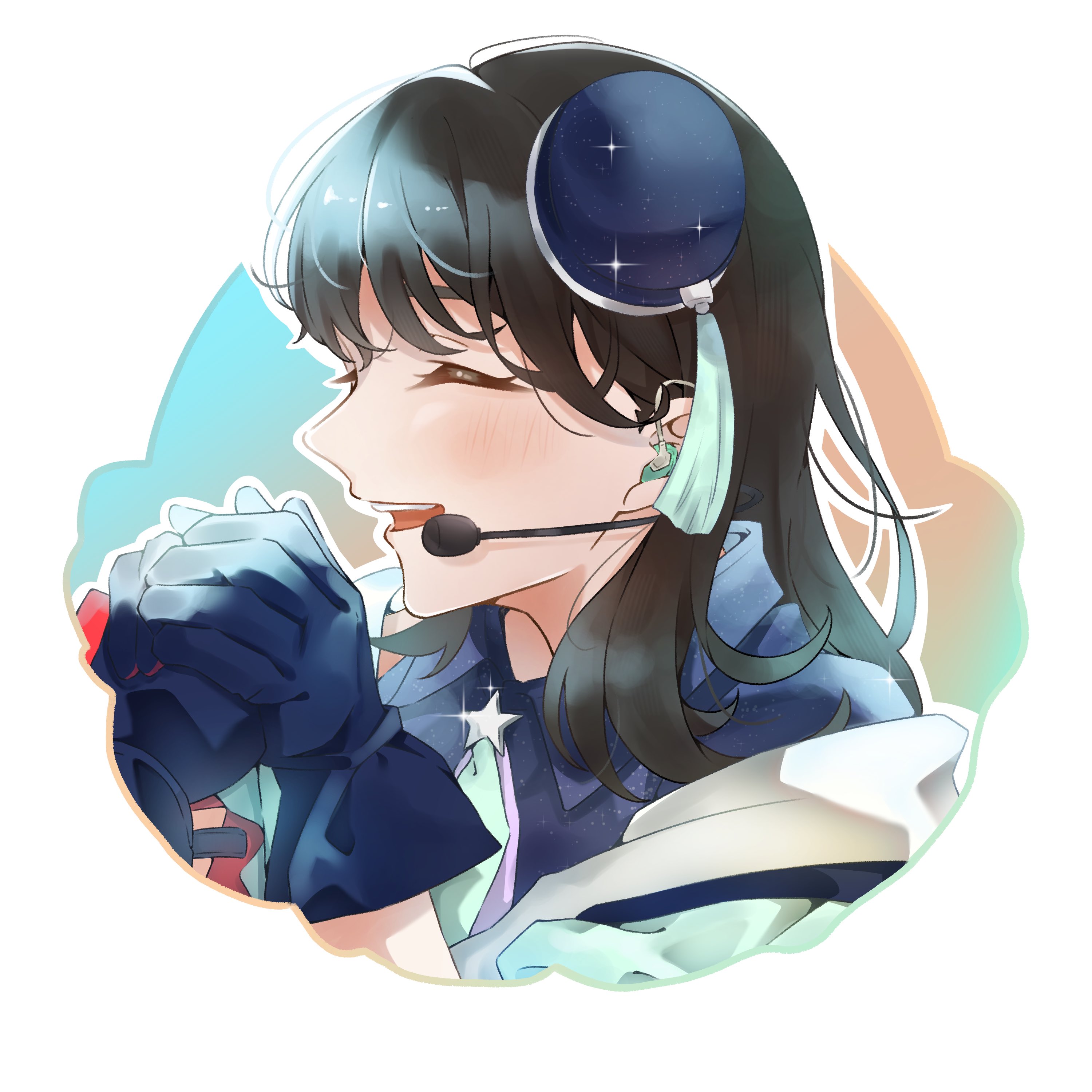 wotaku jinsei enjoy ikioi, love live!, love live! superstar!!, real life, absurdres, commentary request, highres, 1girl, black hair, blue gloves, closed eyes, collared shirt, gloves, hand grab, hands up, headset, long hair, official alternate costume, ookuma wakana, open mouth, shirt, sparkle, star (symbol), superstar!! (love live!), teeth, upper teeth only, voice actor