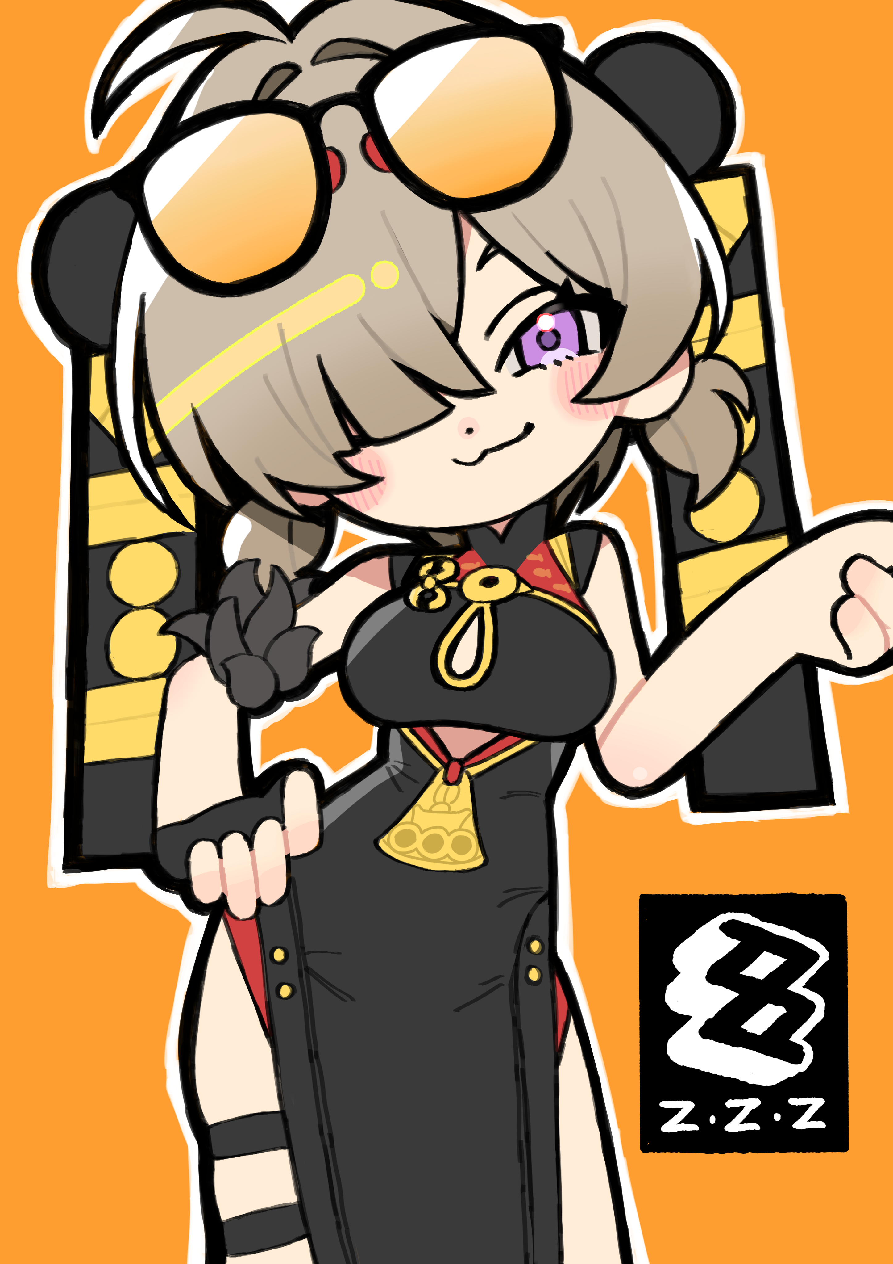 andii (anzai teachco), sweety (zenless zone zero), zenless zone zero, absurdres, commentary request, highres, 1girl, black gloves, blush, breasts, chibi, chibi only, china dress, chinese clothes, closed mouth, dress, eyewear on head, fingerless gloves, gloves, hair over one eye, hand on own hip, large breasts, low twintails, orange background, outline, purple eyes, short twintails, simple background, single fingerless glove, single glove, sleeveless, sleeveless dress, solo, sunglasses, thigh strap, twintails, white outline