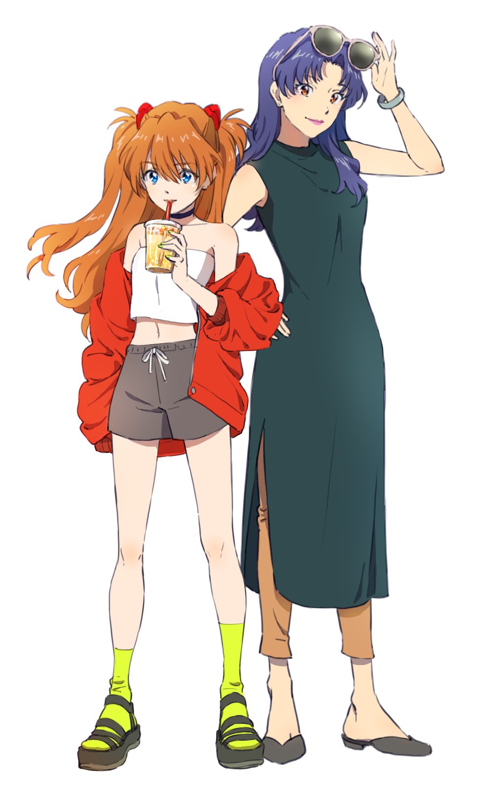 sagawa haruka, katsuragi misato, souryuu asuka langley, neon genesis evangelion, highres, 2girls, black choker, black dress, blue eyes, brown eyes, choker, dress, full body, jewelry, long hair, looking at viewer, multiple girls, navel, orange hair, shorts, simple background, sunglasses, white background