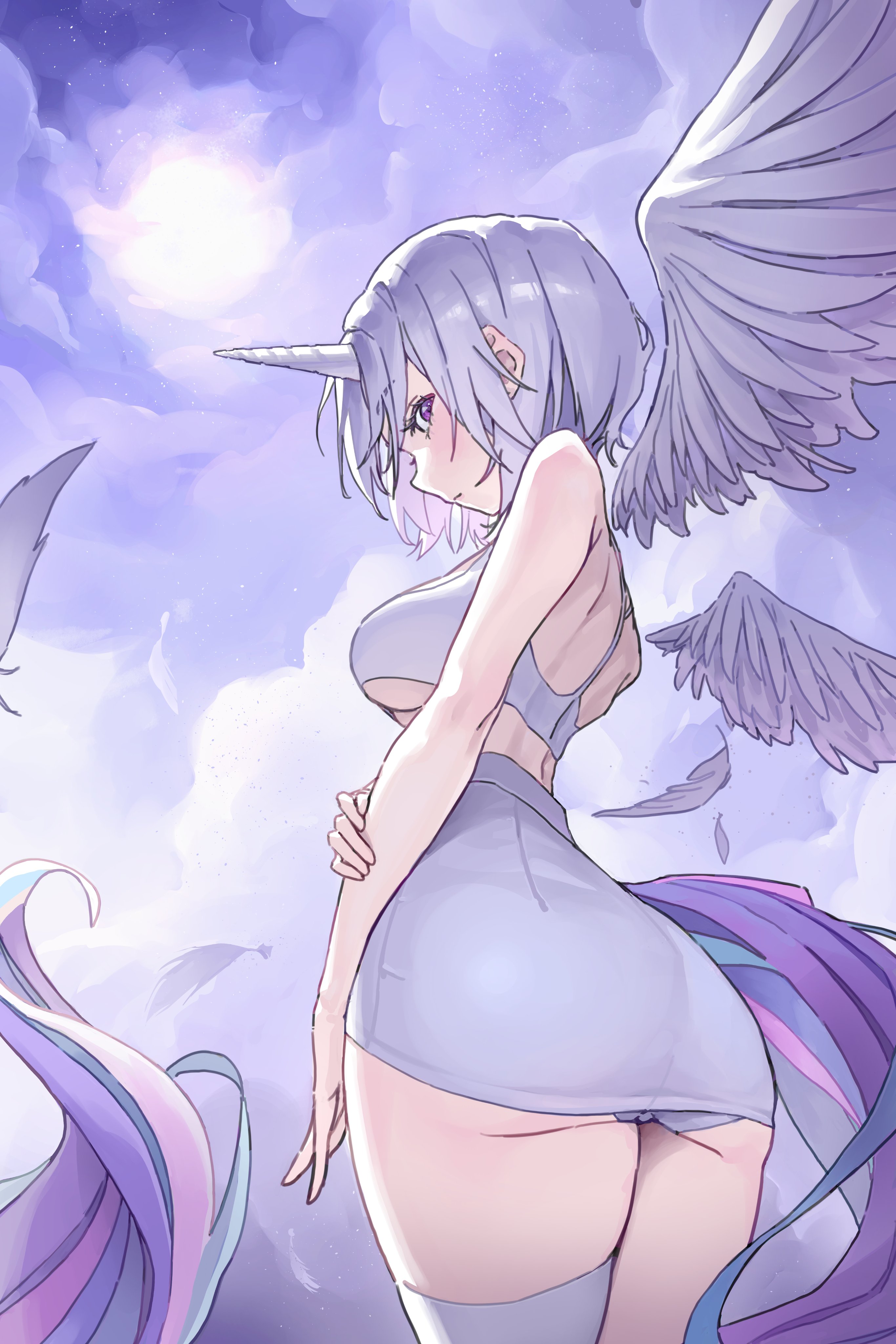 jaeyun5407, ayatsuno yuni, stellive, absurdres, highres, 1girl, asymmetrical legwear, back, bare arms, bare shoulders, bob cut, breasts, cloud, cloud background, cloudy sky, cowboy shot, crop top, detached wings, facing away, feathered wings, feathers, from behind, from below, hand on own arm, horns, inverted bob, large breasts, light particles, long tail, looking back, multicolored tail, panties, pencil skirt, purple eyes, short hair, single horn, single thighhigh, skirt, sky, solo, standing, tail, thighhighs, thighs, underboob, underwear, unicorn horn, virtual youtuber, white feathers, white hair, white panties, white skirt, white thighhighs, white wings, wings