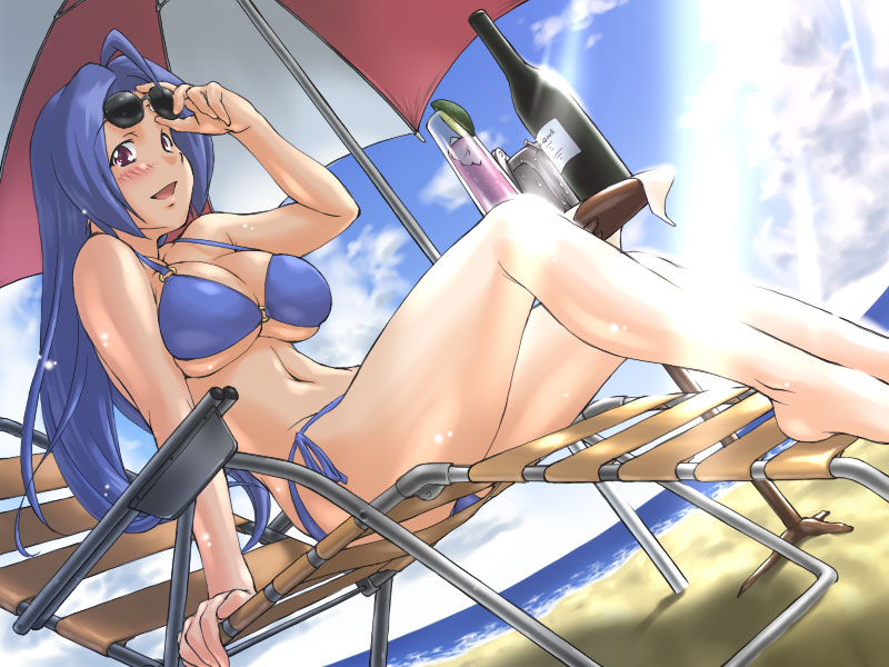 jon shicchiou, miura azusa, idolmaster, idolmaster (classic), idolmaster 1, 00s, 1girl, adjusting eyewear, alcohol, barefoot, beach, beach umbrella, bikini, blue hair, blush, breasts, chair, cloud, day, dutch angle, feet, female focus, huge breasts, legs, light rays, long hair, lounge chair, outdoors, purple bikini, purple eyes, side-tie bikini bottom, sitting, solo, sunbeam, sunglasses, sunlight, swimsuit, umbrella, underboob, wine