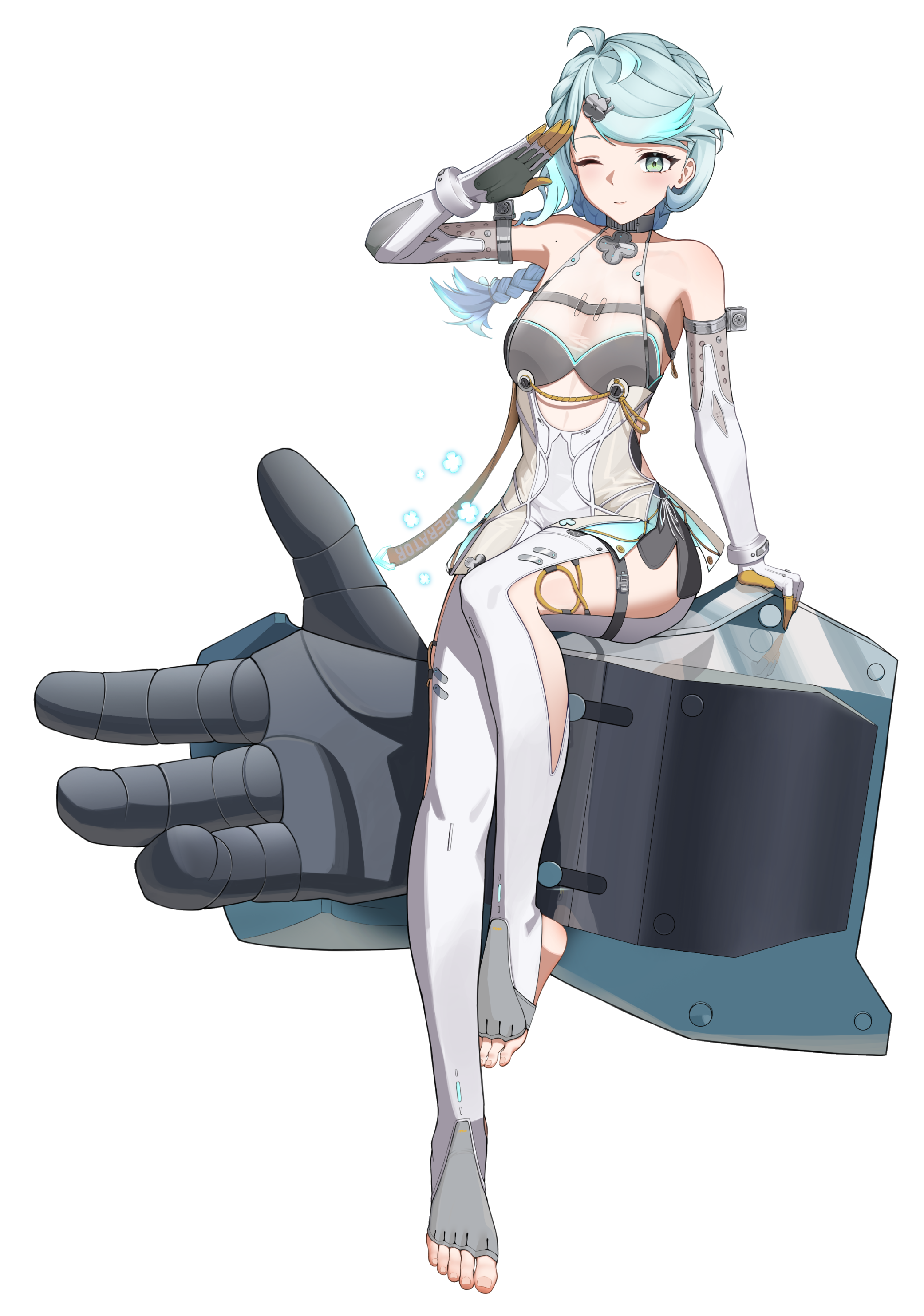 higasino3ldk, seed (zenless zone zero), seed sr., zenless zone zero, absurdres, commentary, highres, 1girl, ;), aqua eyes, bare shoulders, blue hair, braid, braided ponytail, breasts, elbow gloves, flower, full body, gloves, leotard, looking at viewer, mecha, medium hair, one eye closed, robot, salute, see-through dress layer, seed, sitting, small breasts, smile, solo, stirrup legwear, thigh strap, toeless legwear, white gloves, white leotard