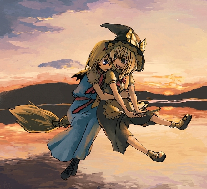 takishima asaka, alice margatroid, kirisame marisa, touhou, 2girls, blonde hair, broom, broom riding, cloud, female focus, flying, hat, multiple girls, multiple riders, sidesaddle, sky, sunset, witch, witch hat