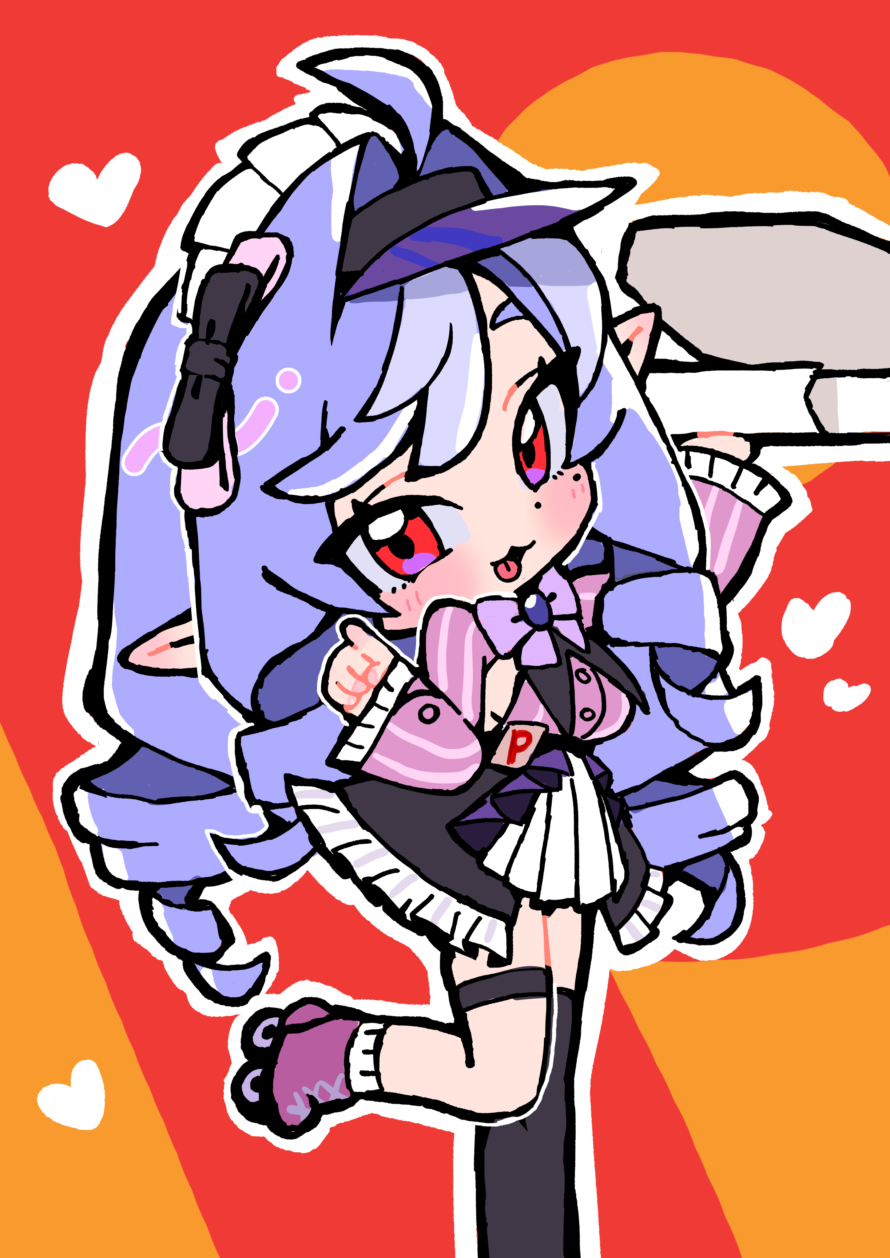 andii (anzai teachco), vivian banshee, zenless zone zero, absurdres, commentary request, highres, 1girl, alternate costume, armpit cutout, black thighhighs, blush, bow, breasts, chibi, chibi only, clothing cutout, dress, drill hair, hat, heart, holding, long hair, medium breasts, mole, mole under eye, open mouth, outline, pointy ears, purple bow, purple hair, purple hat, red eyes, roller skates, simple background, single thighhigh, skates, solo, thighhighs, very long hair, visor cap, white outline