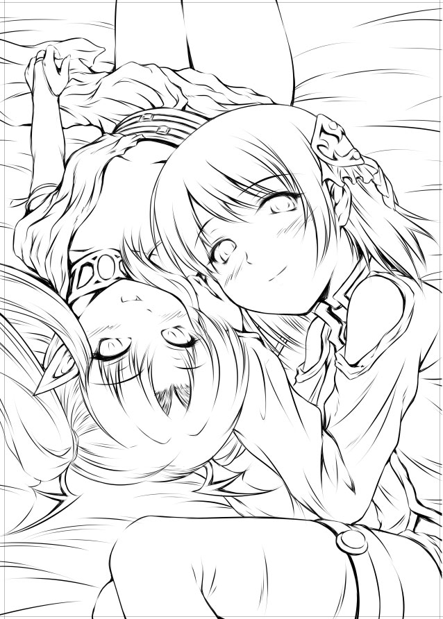 yuzu momo, original, 2girls, bare legs, bed sheet, blush, breasts, cleavage, greyscale, knees up, looking at viewer, monochrome, multiple girls, pointy ears, short hair, small breasts, thigh gap