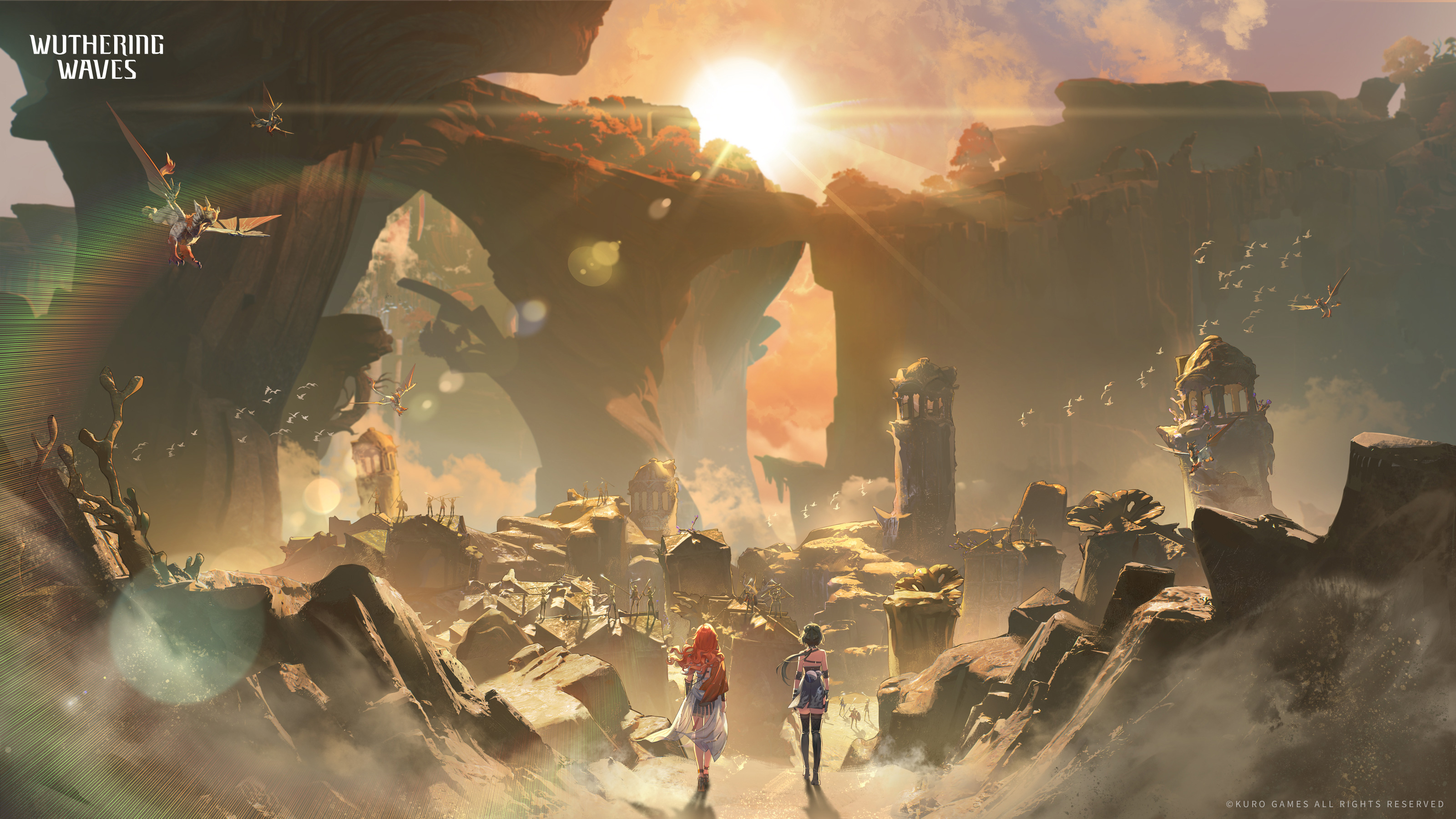 augusta (wuthering waves), female rover (wuthering waves), rover (wuthering waves), wuthering waves, absurdres, commentary, english commentary, highres, official art, 2girls, black boots, black dress, black hair, boots, copyright notice, dress, elbow pads, logo, long hair, low ponytail, multiple girls, orange hair, outdoors, pangu terminal (wuthering waves), ponytail, ruins, sun, sun glare, sunrise, tacet discord (wuthering waves), thigh boots, white dress, wide shot, wind