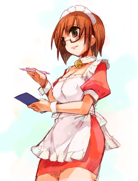 momiji mao, original, tagme, brown eyes, brown hair, glasses, solo, waitress