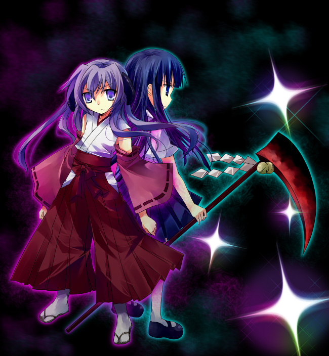 suzushiro kurumi, furude rika, hanyuu, higurashi no naku koro ni, light purple hair, 00s, 2girls, back-to-back, bell, blue hair, detached sleeves, full body, hakama, hakama skirt, holding, horns, japanese clothes, jingle bell, long hair, looking at viewer, mary janes, multiple girls, pleated skirt, profile, red hakama, school uniform, scythe, serious, shirt, shoes, short sleeves, skirt, sparkle, standing, tabi, very long hair