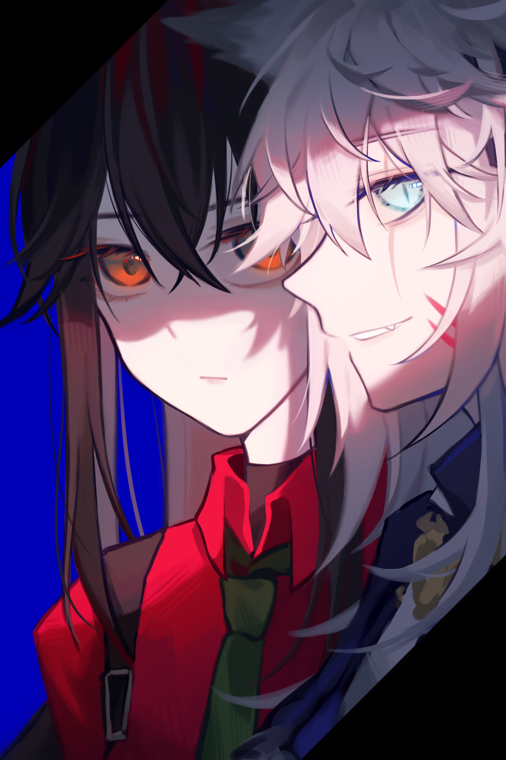 lappland (arknights), texas (arknights), texas (willpower) (arknights), arknights, chinese commentary, commentary request, highres, 2girls, black hair, black necktie, blue eyes, chen tian bushi tian, closed mouth, collared shirt, crossed bangs, facial scar, grey hair, hair between eyes, long hair, looking at viewer, multiple girls, necktie, official alternate costume, orange eyes, partially shaded face, portrait, profile, purple background, red shirt, scar, scar on cheek, scar on face, shirt, simple background, wolf girl