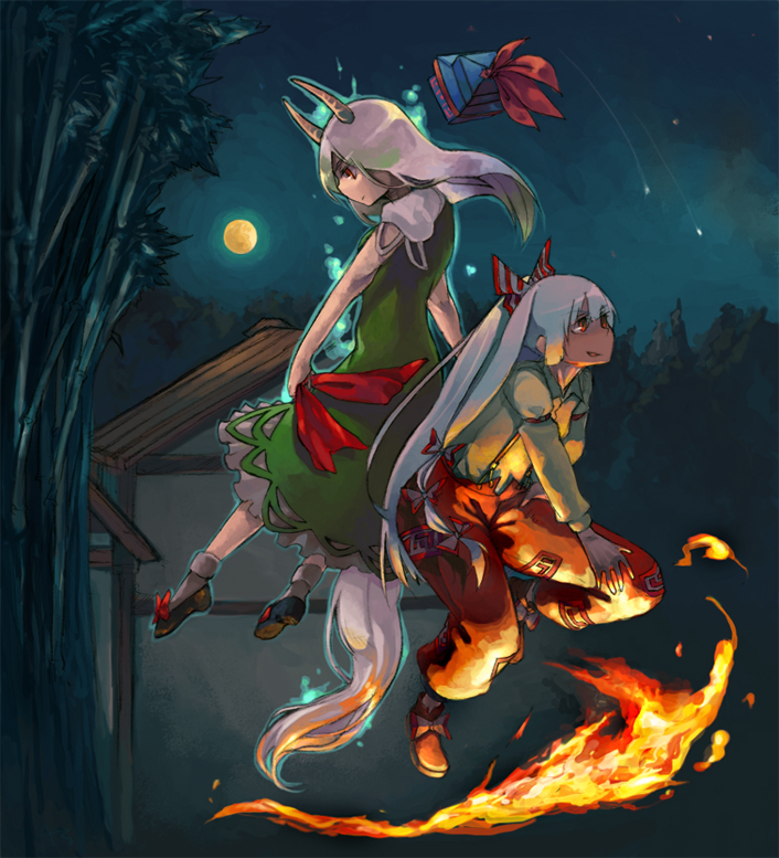 takishima asaka, ex-keine, fujiwara no mokou, kamishirasawa keine, touhou, light, 2girls, bow, dress, female focus, fire, floating, full moon, hair bow, hat, horns, long hair, moon, multiple girls, night, night sky, red eyes, shoes, shooting star, sky, smile, suspenders, unworn hat, unworn headwear, very long hair, white hair