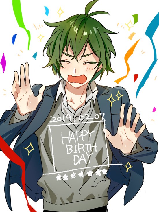 hagiwara daisuke, iura shuu, hori-san to miyamura-kun, commentary request, 1boy, antenna hair, blazer, closed eyes, collared shirt, confetti, dated, facing viewer, green hair, grey sweater, hands up, happy, jacket, katagiri senior high school uniform, lapels, long sleeves, male focus, notched lapels, notice lines, open clothes, open jacket, open mouth, outstretched hand, school uniform, shirt, short hair, solo, sparkle, star (symbol), sweater, upper body, white background